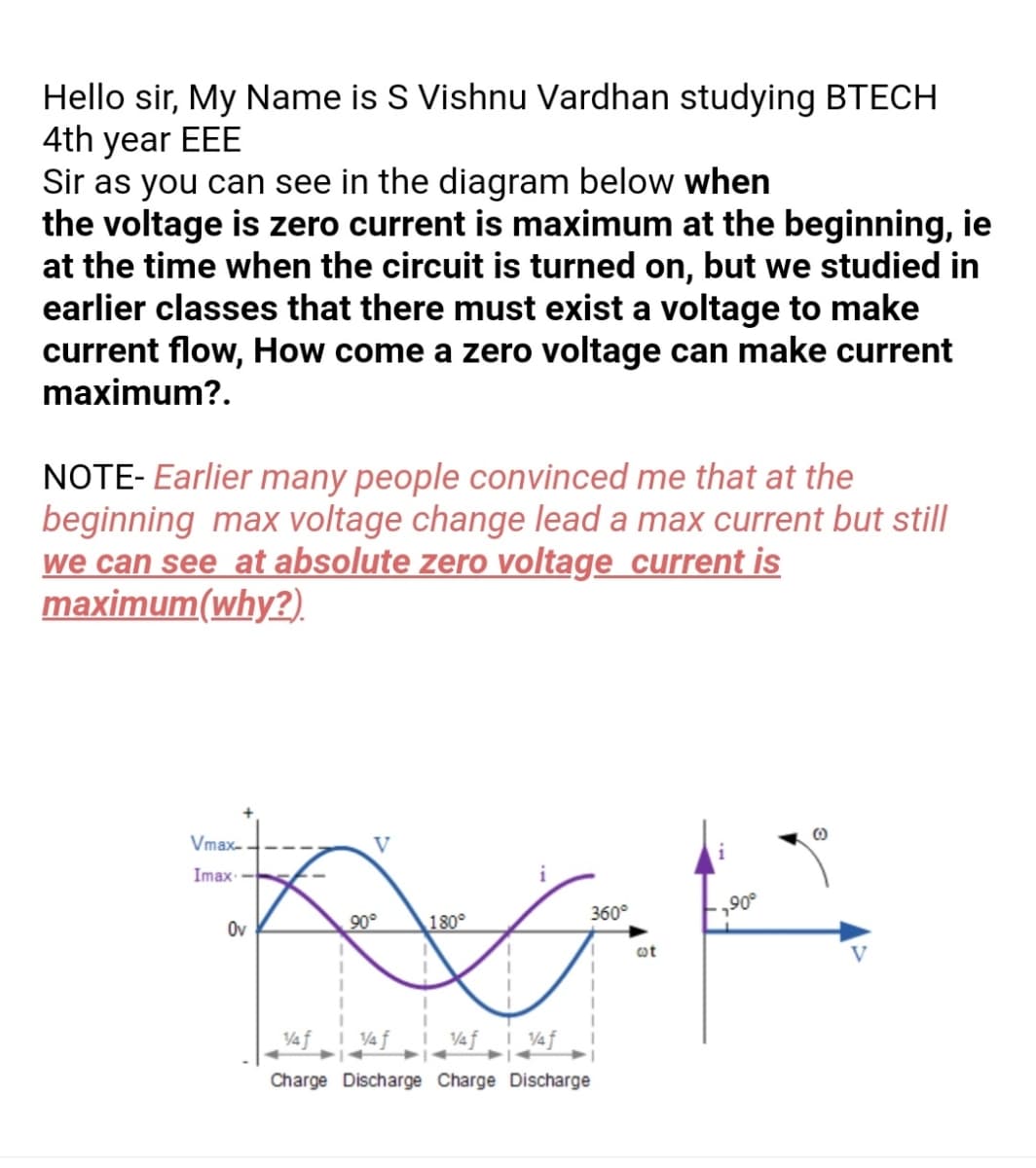 Hello sir, My Name is S Vishnu Vardhan studying BTECH
4th year EEE
Sir as you can see in the diagram below when
the voltage is zero current is maximum at the beginning, ie
at the time when the circuit is turned on, but we studied in
earlier classes that there must exist a voltage to make
current flow, How come a zero voltage can make current
maximum?.
NOTE- Earlier many people convinced me that at the
beginning max voltage change lead a max current but still
we can see at absolute zero voltage current is
maximum(why?).
Vmax-
V
Imax: -
360°
,90°
Ov
90°
180°
ot
V
4f
I V4f
Charge Discharge Charge Discharge
