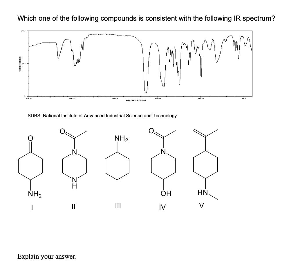 Which one of the following compounds is consistent with the following IR spectrum?
3o00
eoon
1000
sdo
4000
HAVENUHB ERI -1
SDBS: National Institute of Advanced Industrial Science and Technology
NH2
N.
H
NH2
OH
HN,
II
II
IV
V
Explain your answer.
