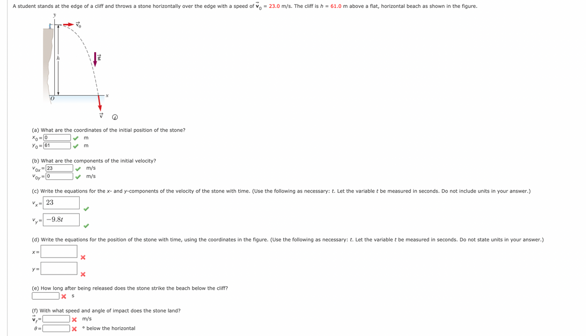 A student stands at the edge of a cliff and throws a stone horizontally over the edge with a speed of v, = 23.0 m/s. The cliff is h = 61.0 m above a flat, horizontal beach as shown in the figure.
(a) What are the coordinates of the initial position of the stone?
Xo = 0
%3D
m
0 =161
(b) What are the components of the initial velocity?
V
= 23
m/s
Ox
V
Oy
m/s
(c) Write the equations for the x- and y-components of the velocity of the stone with time. (Use the following as necessary: t. Let the variable t be measured in seconds. Do not include units in your answer.)
Vx =
23
V
-9.8t
(d) Write the equations for the position of the stone with time, using the coordinates in the figure. (Use the following as necessary: t. Let the variable t be measured in seconds. Do not state units in your answer.)
X =
とミ
(e) How long after being released does the stone strike the beach below the cliff?
(f) With what speed and angle of impact does the stone land?
X m/s
X ° below the horizontal
