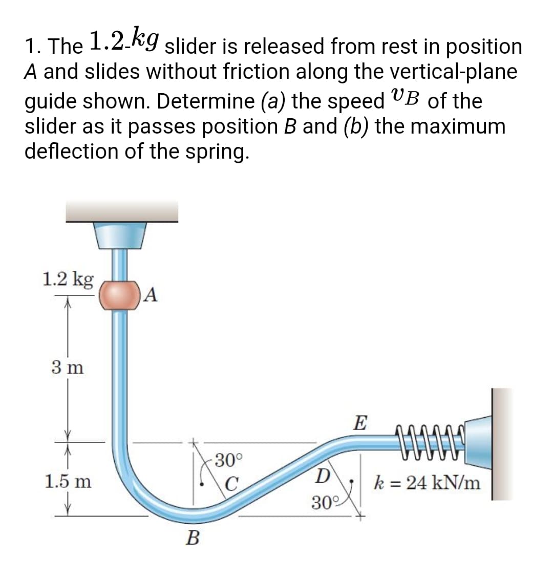 1. The 1.2.kg slider is released from rest in position
A and slides without friction along the vertical-plane
guide shown. Determine (a) the speed "B of the
slider as it passes position B and (b) the maximum
deflection of the spring.
1.2 kg
A
3 m
E
30°
1.5 m
k = 24 kN/m
%3D
30°
В
