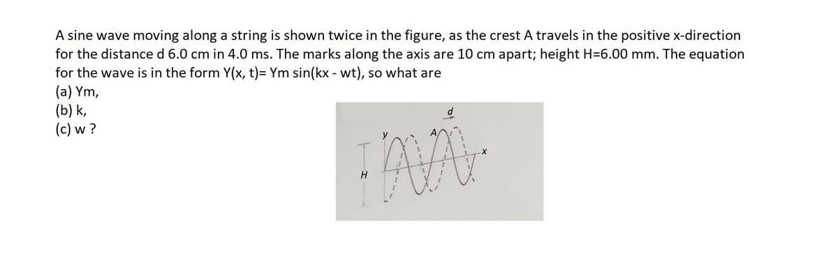 A sine wave moving along a string is shown twice in the figure, as the crest A travels in the positive x-direction
for the distance d 6.0 cm in 4.0 ms. The marks along the axis are 10 cm apart; height H=6.00 mm. The equation
for the wave is in the form Y(x, t)= Ym sin(kx - wt), so what are
(a) Ym,
(b)k,
(c) w?
d
А
TAVA
H
-X