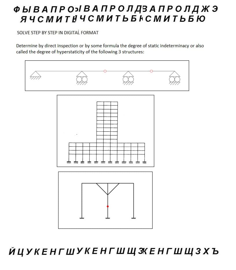 ФЫ В АП Р О В А П Р О Л ДЗАПРОЛДЖЭ
ЯЧСМИТНЧСМИТЬБНСМИТЬБЮ
SOLVE STEP BY STEP IN DIGITAL FORMAT
Determine by direct inspection or by some formula the degree of static indeterminacy or also
called the degree of hyperstaticity of the following 3 structures:
YI
The
ЙЦУКЕНГШУКЕНГШ ЩЗКЕНГШЩЗХЪ