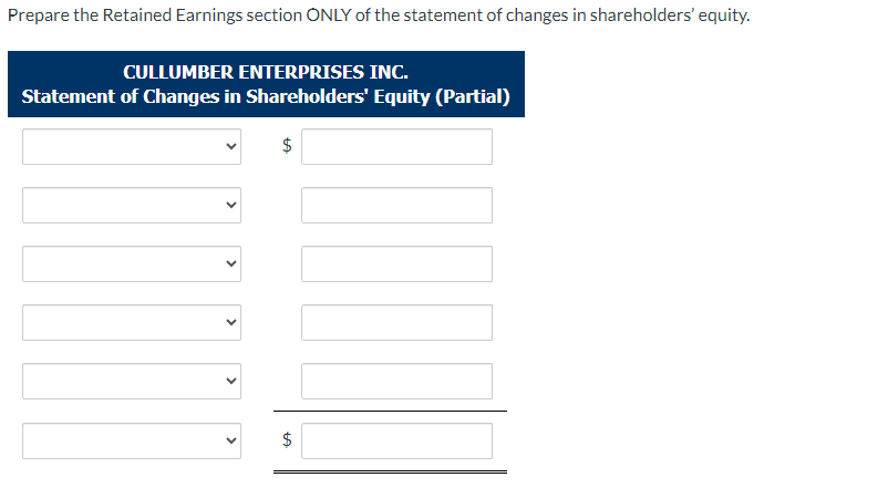 Prepare the Retained Earnings section ONLY of the statement of changes in shareholders' equity.
CULLUMBER ENTERPRISES INC.
Statement of Changes in Shareholders' Equity (Partial)
+A
$
>
>
>
>
$
+A.