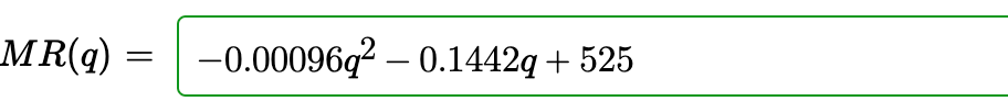 MR(q) =
-0.00096q² – 0.1442q + 525
