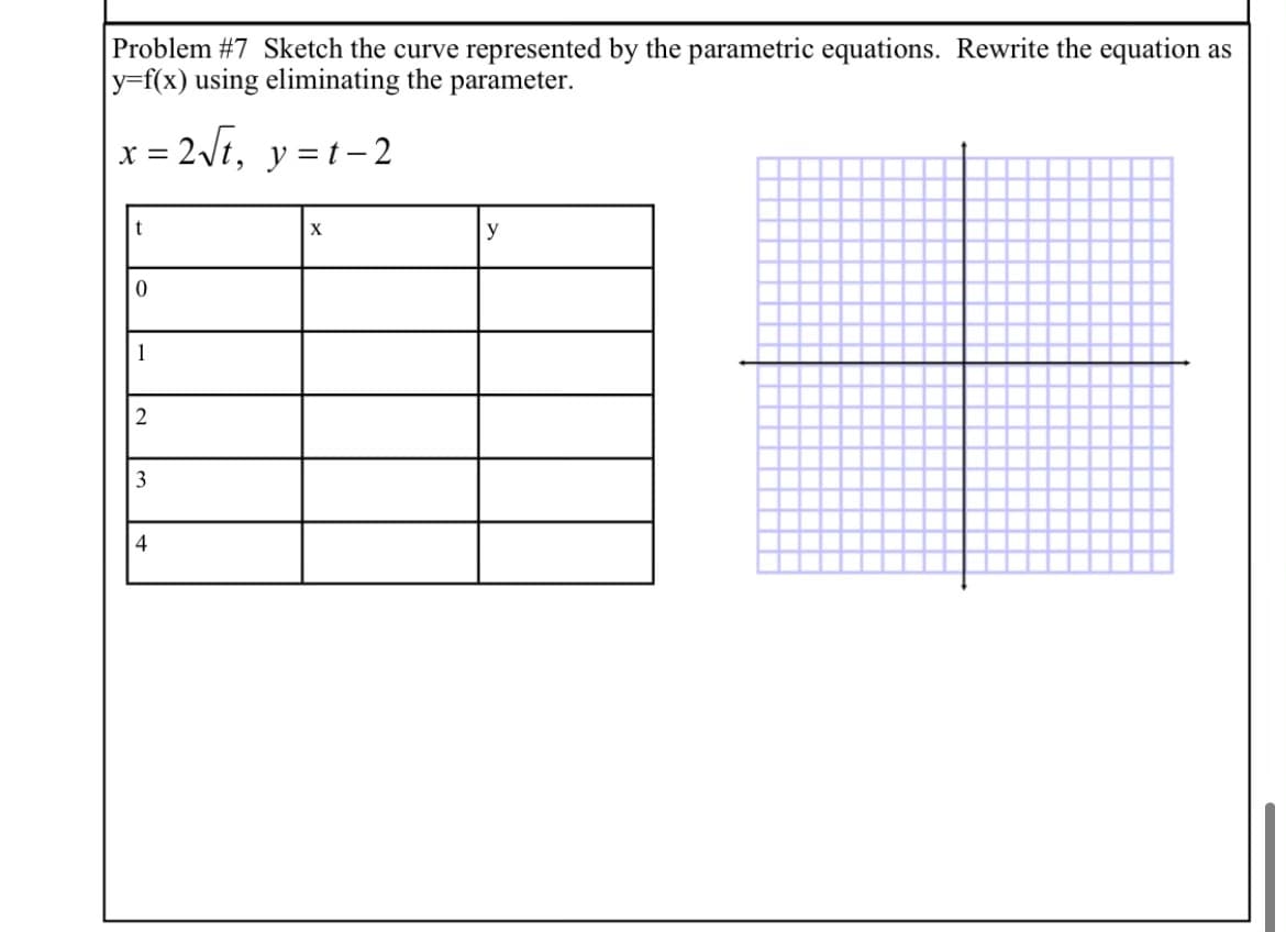 Problem #7 Sketch the curve represented by the parametric equations. Rewrite the equation as
y=f(x) using eliminating the parameter.
x = 2\t, y =t- 2
X =
t
X
y
1
2
3
4
