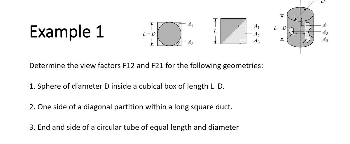 Example 1
L = D
A₁
A2
Determine the view factors F12 and F21 for the following geometries:
1. Sphere of diameter D inside a cubical box of length L D.
A₁
A2
A3
2. One side of a diagonal partition within a long square duct.
3. End and side of a circular tube of equal length and diameter
L=D
A₁
A2
A3