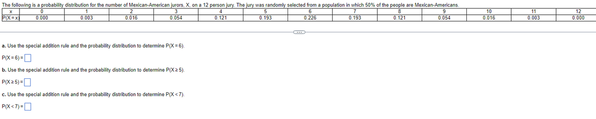 1
The following is a probability distribution for the number of Mexican-American jurors, X, on a 12 person jury. The jury was randomly selected from a population in which 50% of the people are Mexican-Americans.
0
2
4
5
6
7
P(X = x)
0.016
X
0.000
0.003
3
0.054
0.121
0.193
0.226
0.193
8
0.121
a. Use the special addition rule and the probability distribution to determine P(X = 6).
P(X = 6) =
b. Use the special addition rule and the probability distribution to determine P(X≥5).
P(X≥5)=
c. Use the special addition rule and the probability distribution to determine P(X < 7).
P(X<7) =
9
0.054
10
0.016
11
0.003
12
0.000