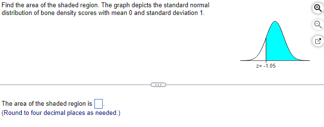 Find the area of the shaded region. The graph depicts the standard normal
distribution of bone density scores with mean 0 and standard deviation 1.
The area of the shaded region is ☐
(Round to four decimal places as needed.)
z= -1.05
Q
Q