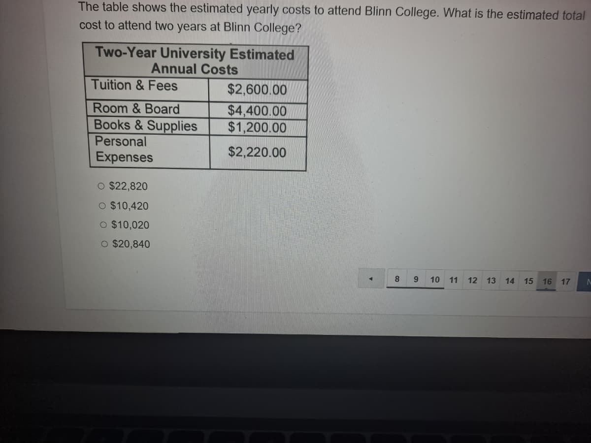 The table shows the estimated yearly costs to attend Blinn College. What is the estimated total
cost to attend two years at Blinn College?
Two-Year University Estimated
Annual Costs
Tuition & Fees
$2,600.00
Room & Board
$4,400.00
$1,200.00
Books & Supplies
Personal
$2,220.00
Expenses
O $22,820
O $10,420
O $10,020
O $20,840
8.
10 11 12 13
14 15
16 17
