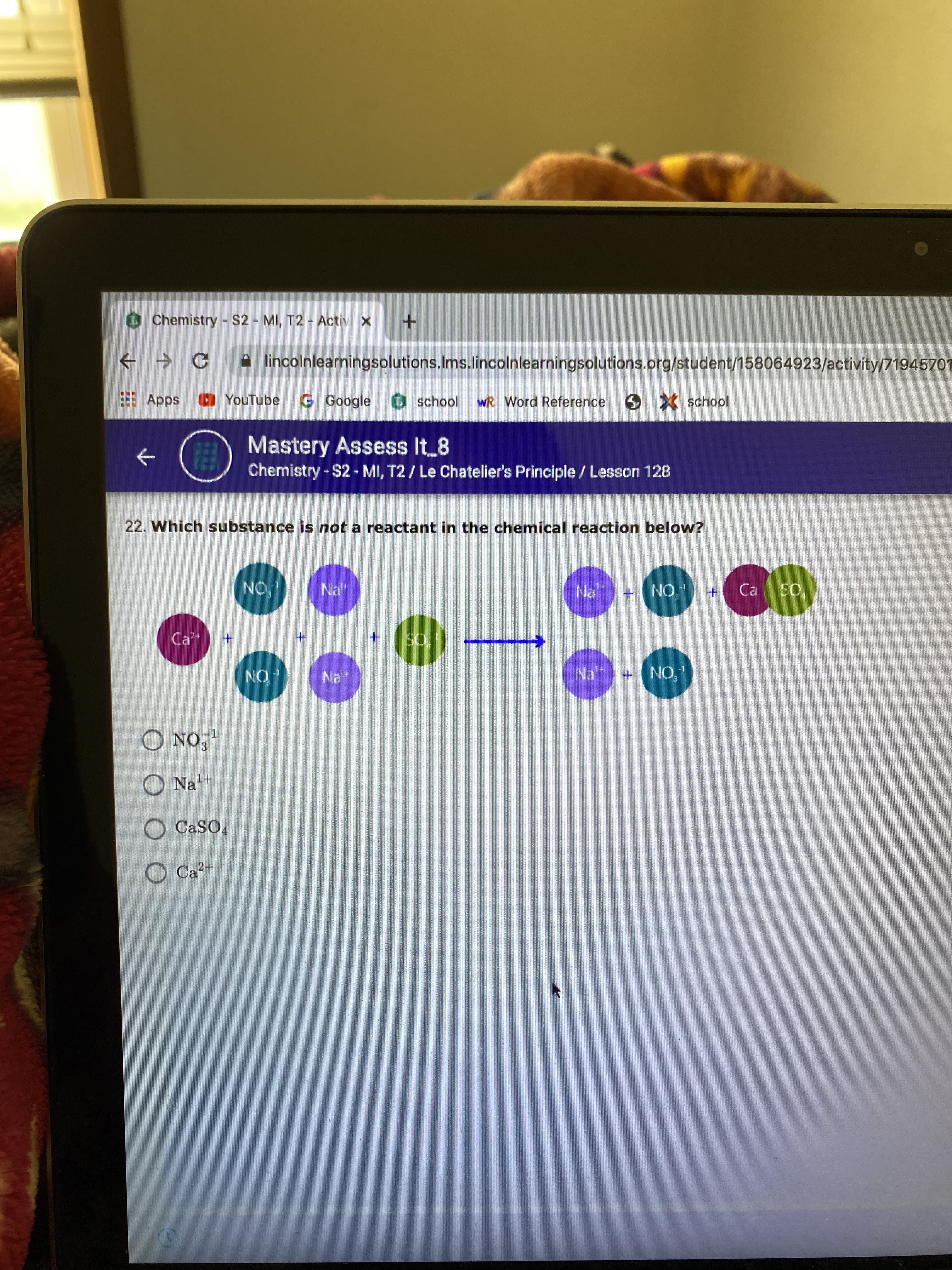 22. Which substance is not a reactant in the chemical reaction below?
NO,'
Na
Na
+ NO,' +
Ca
so.
Ca+
+.
SO,
NO,
Na
Na"
+ NO,"
