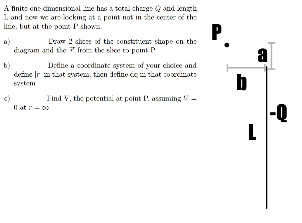 A finite one-dimensional line has a total charge Q and length
L and now we are looking at a point not in the center of the
line, but at the point P shown.
P.
a
Draw 2 slices of the constituent shape on the
a)
diagram and the 7 from the slice to point P
b)
define |r| in that system, then define dq in that coordinate
Define a coordinate system of your choice and
b
system
c)
Find V, the potential at point P, assuming V =
-Q
0 at r = x∞
