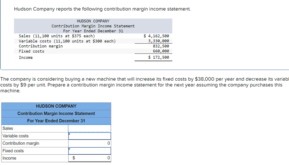 Hudson Company reports the following contribution margin income statement.
HUDSON COMPANY
Contribution Margin Income Statement
For Year Ended December 31
Sales (11,100 units at $375 each)
Variable costs (11,100 units at $300 each).
Contribution margin
Fixed costs
Income
$ 4,162,500
3,330,000
832,500
660,000
$ 172,500
The company is considering buying a new machine that will increase its fixed costs by $38,000 per year and decrease its variabl
costs by $9 per unit. Prepare a contribution margin income statement for the next year assuming the company purchases this
machine.
Sales
HUDSON COMPANY
Contribution Margin Income Statement
Variable costs
For Year Ended December 31
Contribution margin
Fixed costs
Income
0
$
0