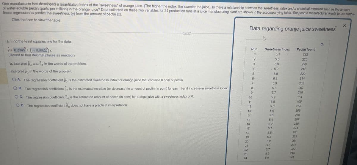 One manufacturer has developed a quantitative index of the "sweetness" of orange juice. (The higher the index, the sweeter the juice). Is there a relationship between the sweetness index and a chemical measure such as the amount
of water-soluble pectin (parts per million) in the orange juice? Data collected on these two variables for 24 production runs at a juice manufacturing plant are shown in the accompanying table. Suppose a manufacturer wants to use simple
linear regression to predict the sweetness (y) from the amount of pectin (x).
Click the icon to view the table.
X
Data regarding oranje juice sweetness
a. Find the least squares line for the data.
y= 6.2345+ (-0.0022)x
(Round to four decimal places as needed.)
b. Interpret, and, in the words of the problem.
Interpret in the words of the problem.
OA. The regression coefficient B is the estimated sweetness index for orange juice that contains 0 ppm of pectin.
Run
Sweetness Index
Pectin (ppm)
1
5.1
222
2
5.5
225
3
5.9
258
4
5.9
212
5
5.8
222
6
6.1
214
7
5.9
233
OB. The regression coefficient B is the estimated increase (or decrease) in amount of pectin (in ppm) for each 1-unit increase in sweetness index.
OC. The regression coefficient ẞo is the estimated amount of pectin (in ppm) for orange juice with a sweetness index of 0.
8
5.6
267
9
5.7
240
10
5.9
214
11
5.5
408
OD. The regression coefficient o does not have a practical interpretation.
12
5.6
258
13
5.9
308
14
5.6
256
15
5.4
287
16
5.2
380
17
5.7
274
18
5.5
261
19
5.8
229
20
5.2
261
21
5.8
231
22
5.7
222
23
5.9
246
24
5.9
241