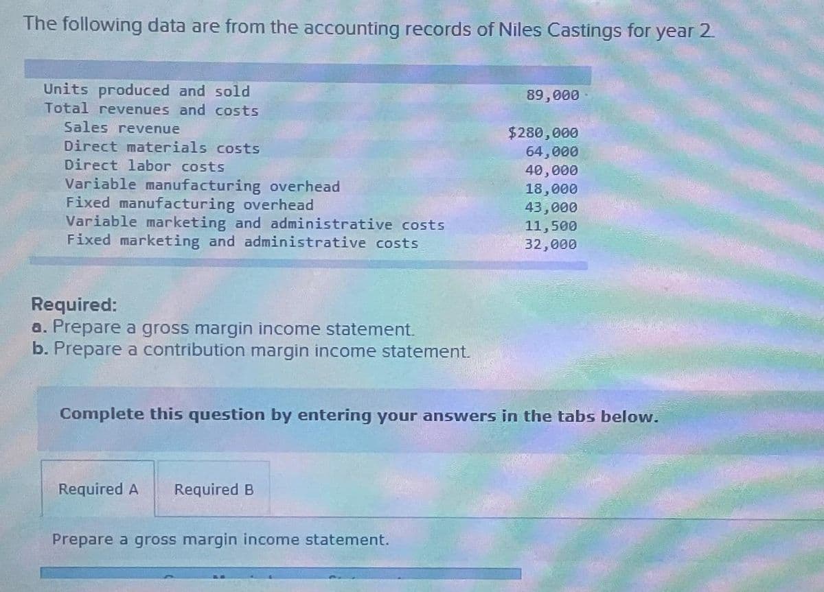 The following data are from the accounting records of Niles Castings for year 2
Units produced and sold
Total revenues and costs
Sales revenue
Direct materials costs
Direct labor costs
Variable manufacturing overhead
Fixed manufacturing overhead
Variable marketing and administrative costs
Fixed marketing and administrative costs
Required:
a. Prepare a gross margin income statement.
b. Prepare a contribution margin income statement.
Required A Required B
89,000
Complete this question by entering your answers in the tabs below.
Prepare a gross margin income statement.
$280,000
64,000
40,000
18,000
43,000
11,500
32,000