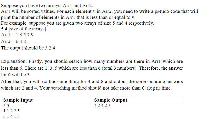 Suppose you have two arrays: Arr1 and Arr2.
Arrl will be sorted values. For each element v in Ar2, you need to write a pseudo code that will
print the number of elements in Arrl that is less than or equal to v.
For example: suppose you are given two arrays of size 5 and 4 respectively.
5 4 [size of the arrays]
Arrl = 1 3 5 79
Arr2 = 6 4 8
The output should be 3 2 4
Explanation: Firstly, you should search how many numbers are there in Arrl which are
less than 6. There are 1, 3, 5 which are less than 6 (total 3 numbers). Therefore, the answer
for 6 will be 3.
After that, you will do the same thing for 4 and 8 and output the corresponding answers
which are 2 and 4. Your searching method should not take more than O (log n) time.
Sample Input
55
Sample Output
42425
11225
31415
