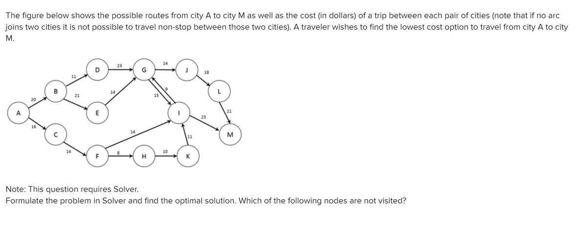 The figure below shows the possible routes from city A to city M as well as the cost (in dollars) of a trip between each pair of cities (note that if no arc
joins two cities it is not possible to travel non-stop between those two cities). A traveler wishes to find the lowest cost option to travel from city A to city
M.
20
16
B
11
21
D
E
14
23
14
H
15
14
10
11
K
18
23
21
M
Note: This question requires Solver.
Formulate the problem in Solver and find the optimal solution. Which of the following nodes are not visited?