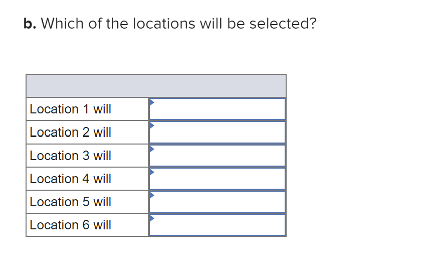 b. Which of the locations will be selected?
Location 1 will
Location 2 will
Location 3 will
Location 4 will
Location 5 will
Location 6 will