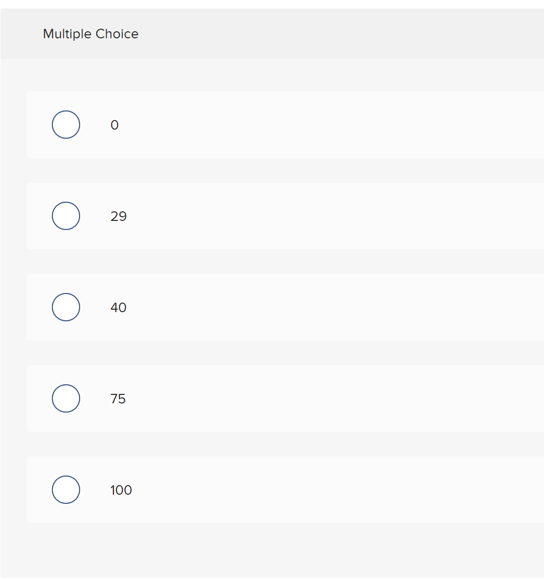 Multiple Choice
O
O
O
29
40
75
100