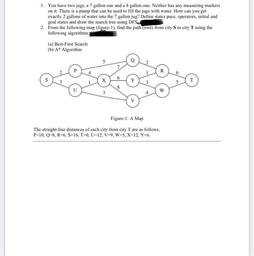 1. You have two jugs, a 7 gallon one and a 4 gallon one. Neither has any measuring markers
on it. There is a pump that can be used to fill the jugs with water. How can you get
exactly 2 gallons of water into the 7 gallon jug? Define states pace, operators, initial and
goal states and draw the search tree using DFS..
2. From the following map (figure-1), find the path (root) from city S to city T using the
following algorithms:
(a) Best-First Search
(b) A* Algorithm
5
R
Y
т
U
V
Figure-1: A Map
The straight-line distances of each city from city T are as follows,
P=10, Q=8, R=6, S=16, T=0, U=12, V=9, W=5, X=12, Y=6.
6
4.
P.
2.
