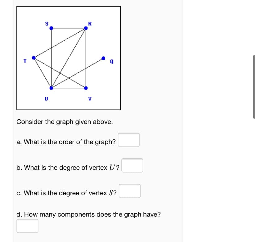 R
U
Consider the graph given above.
a. What is the order of the graph?
b. What is the degree of vertex U?
c. What is the degree of vertex S?
d. How many components does the graph have?
