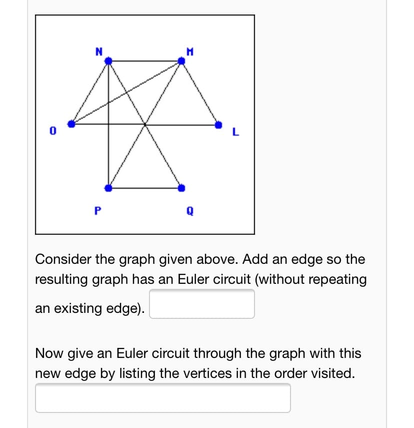 N
L
P
Consider the graph given above. Add an edge so the
resulting graph has an Euler circuit (without repeating
an existing edge).
Now give an Euler circuit through the graph with this
new edge by listing the vertices in the order visited.
