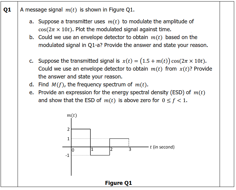 Q1
A message signal m(t) is shown in Figure Q1.
a. Suppose a transmitter uses m(t) to modulate the amplitude of
cos (2π x 10t). Plot the modulated signal against time.
b.
Could we use an envelope detector to obtain m(t) based on the
modulated signal in Q1-a? Provide the answer and state your reason.
c. Suppose the transmitted signal is x(t) = (1.5 + m(t)) cos(2π × 10t).
Could we use an envelope detector to obtain m(t) from x(t)? Provide
the answer and state your reason.
d. Find M(f), the frequency spectrum of m(t).
e. Provide an expression for the energy spectral density (ESD) of m(t)
and show that the ESD of m(t) is above zero for 0 ≤ f<1.
m(t)
t (in second)
2
Figure Q1
N
1
-1
0
1