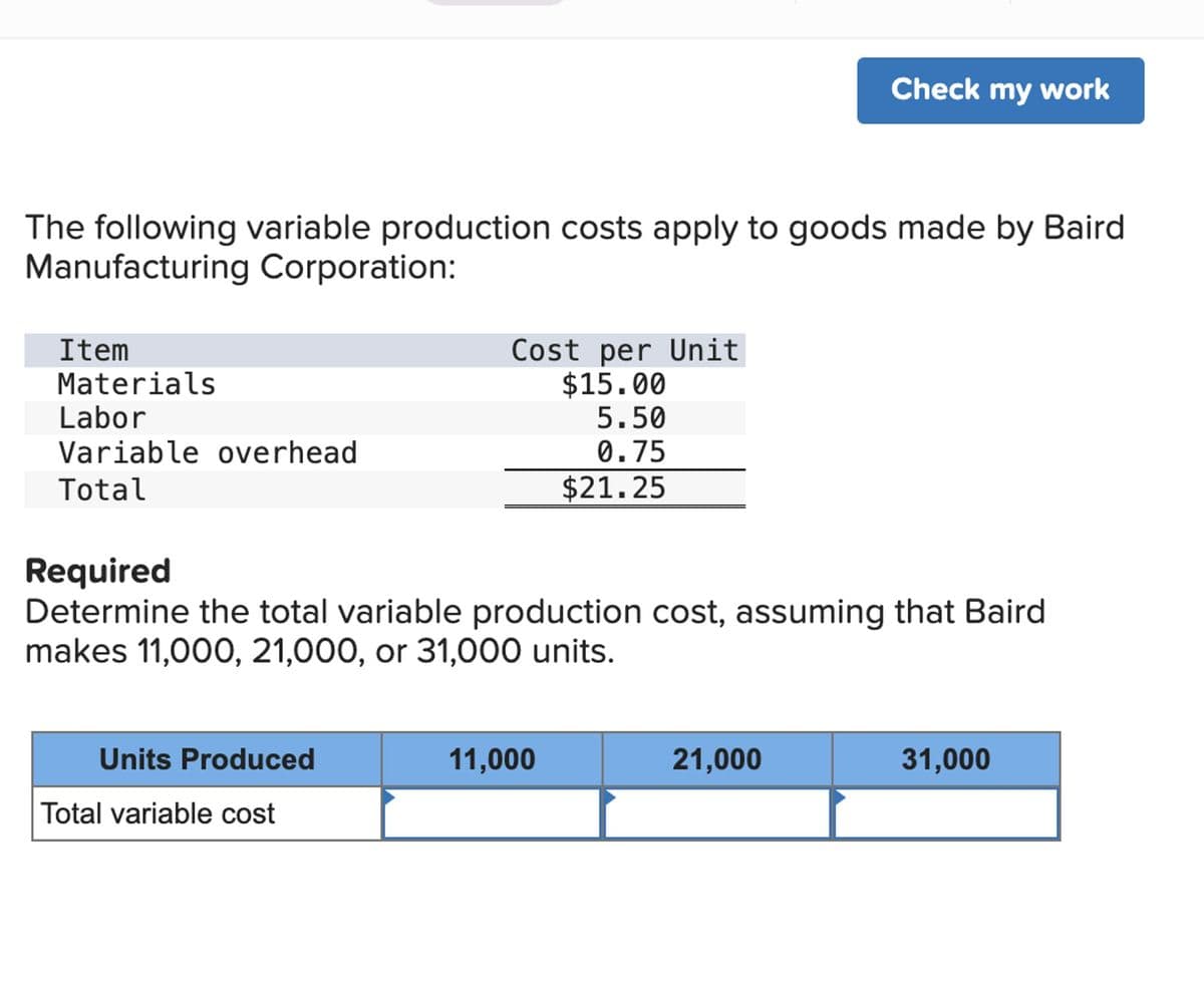 The following variable production costs apply to goods made by Baird
Manufacturing Corporation:
Item
Materials
Labor
Variable overhead
Total
Units Produced
Cost per Unit
$15.00
Total variable cost
Required
Determine the total variable production cost, assuming that Baird
makes 11,000, 21,000, or 31,000 units.
5.50
0.75
$21.25
11,000
Check my work
21,000
31,000