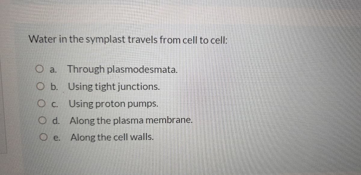 Water in the symplast travels from cell to cell:
O a. Through plasmodesmata.
O b. Using tight junctions.
O c.
Using proton pumps.
O d. Along the plasma membrane.
O e. Along the cell walls.
