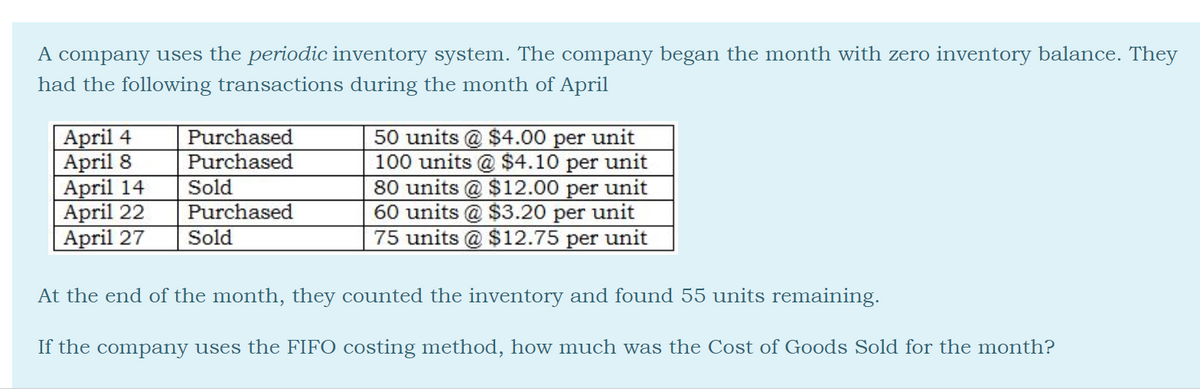 A company uses the periodic inventory system. The company began the month with zero inventory balance. They
had the following transactions during the month of April
April 4
April 8
April 14
April 22
April 27
Purchased
Purchased
Sold
Purchased
Sold
50 units @ $4.00 per unit
100 units @ $4.10 per unit
80 units @ $12.00 per unit
60 units @ $3.20 per unit
75 units @ $12.75 per unit
At the end of the month, they counted the inventory and found 55 units remaining.
If the company uses the FIFO costing method, how much was the Cost of Goods Sold for the month?