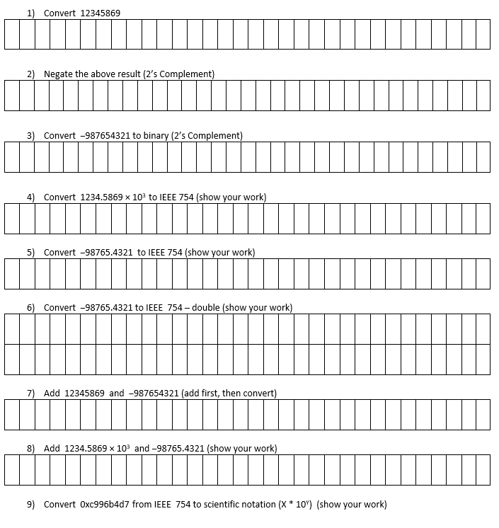 1) Convert 12345869
2) Negate the above result (2's Complement)
3) Convert -987654321 to binary (2's Complement)
4) Convert 1234.5869 × 10³ to IEEE 754 (show your work)
5) Convert -98765.4321 to IEEE 754 (show your work)
6) Convert -98765.4321 to IEEE 754-double (show your work)
7) Add 12345869 and -987654321 (add first, then convert)
8) Add 1234.5869 x 10³ and -98765.4321 (show your work)
9) Convert Oxc996b4d7 from IEEE 754 to scientific notation (X * 10) (show your work)