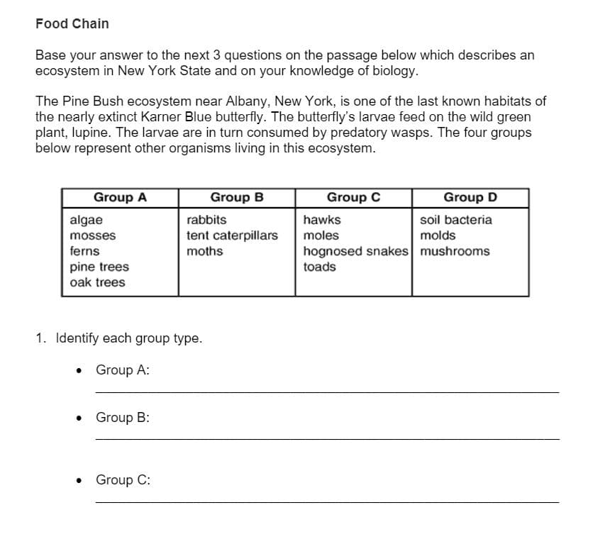 Food Chain
Base your answer to the next 3 questions on the passage below which describes an
ecosystem in New York State and on your knowledge of biology.
The Pine Bush ecosystem near Albany, New York, is one of the last known habitats of
the nearly extinct Karner Blue butterfly. The butterfly's larvae feed on the wild green
plant, lupine. The larvae are in turn consumed by predatory wasps. The four groups
below represent other organisms living in this ecosystem.
Group A
Group B
Group C
Group D
algae
rabbits
hawks
soil bacteria
molds
tent caterpillars
moths
mosses
moles
ferns
hognosed snakes mushrooms
pine trees
oak trees
toads
1. Identify each group type.
Group A:
• Group B:
Group C:
