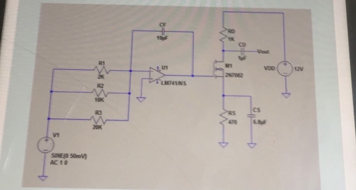 10pF
Vout
R1
VOD
12V
2K
LM741/NS
R2
10K
CS
R3
RS
470
6.8F
20K
V1
SINE(O 50mV)
AC 10
一
