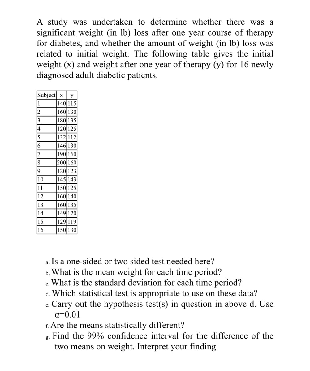 A study was undertaken to determine whether there was a
significant weight (in lb) loss after one year course of therapy
for diabetes, and whether the amount of weight (in lb) loss was
related to initial weight. The following table gives the initial
weight (x) and weight after one year of therapy (y) for 16 newly
diagnosed adult diabetic patients.
Subject x y
140 115
160 130
180 135
120 125
132 112
146 130
190 160
200 160
120 123
145 143
150 125
160 140
160 135
149 120
129 119
150 130
1
2
3
4
15
6
7
8
19
10
11
12
13
14
15
16
a. Is a one-sided or two sided test needed here?
b. What is the mean weight for each time period?
c. What is the standard deviation for each time period?
d. Which statistical test is appropriate to use on these data?
e.
Carry out the hypothesis test(s) in question in above d. Use
a=0.01
f. Are the means statistically different?
g.
Find the 99% confidence interval for the difference of the
two means on weight. Interpret your finding