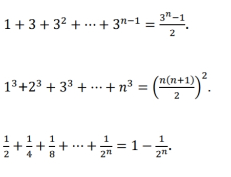 3n –1
1+ 3+ 32 + ...+ 3n-1
13+23 + 33 + ... + n³
= ("n+))".
1
*=1-
1
%3D
2n'
+
