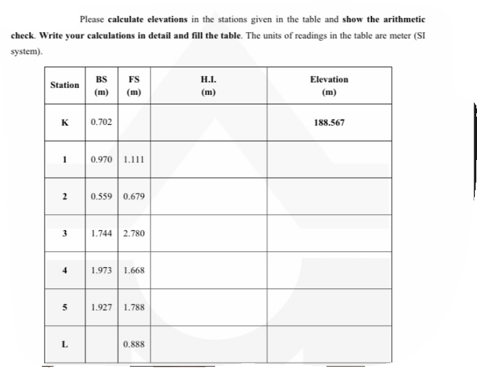 Please calculate elevations in the stations given in the table and show the arithmetic
check. Write your calculations in detail and fill the table. The units of readings in the table are meter (SI
system).
H.I.
Elevation
BS
FS
Station
(m)| (m)
(m)
(m)
K
0.702
188.567
1
0.970 | 1.111
2
0.559 0.679
1.744 2.780
4
1.973
1.668
5
1.927 1.788
L
0.888
