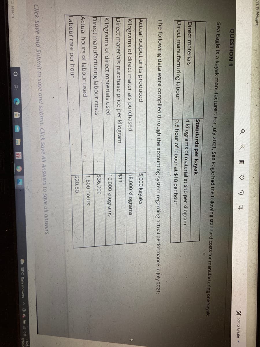 11.19 AM.jpeg
A Edit & Create v
QUESTION 1
Sea Eagle is a kayak manufacturer. For July 2021, Sea Eagle had the following standard costs for manufacturing one kayak:
Standards per kayak
Direct materials
4 kilograms of material at $10 per kilogram
Direct manufacturing labour
0.5 hour of labour at $18 per hour
The following data were compiled through the accounting system regarding actual performance in July 2021:
Actual output units produced
5,000 kayaks
Kilograms of direct materials purchased
18,000 kilograms
Direct materials purchase price per kilogram
$11
Kilograms of direct materials used
16,000 kilograms
$36,900
Direct manufacturing labour costs
1,800 hours
Actual hours of labour used
$20.50
Labour rate per hour
Click Save and Submit to save and submit. Click Save All Answers to save all answers.
11:26
30°C Rain showers
8/18/2
to search
