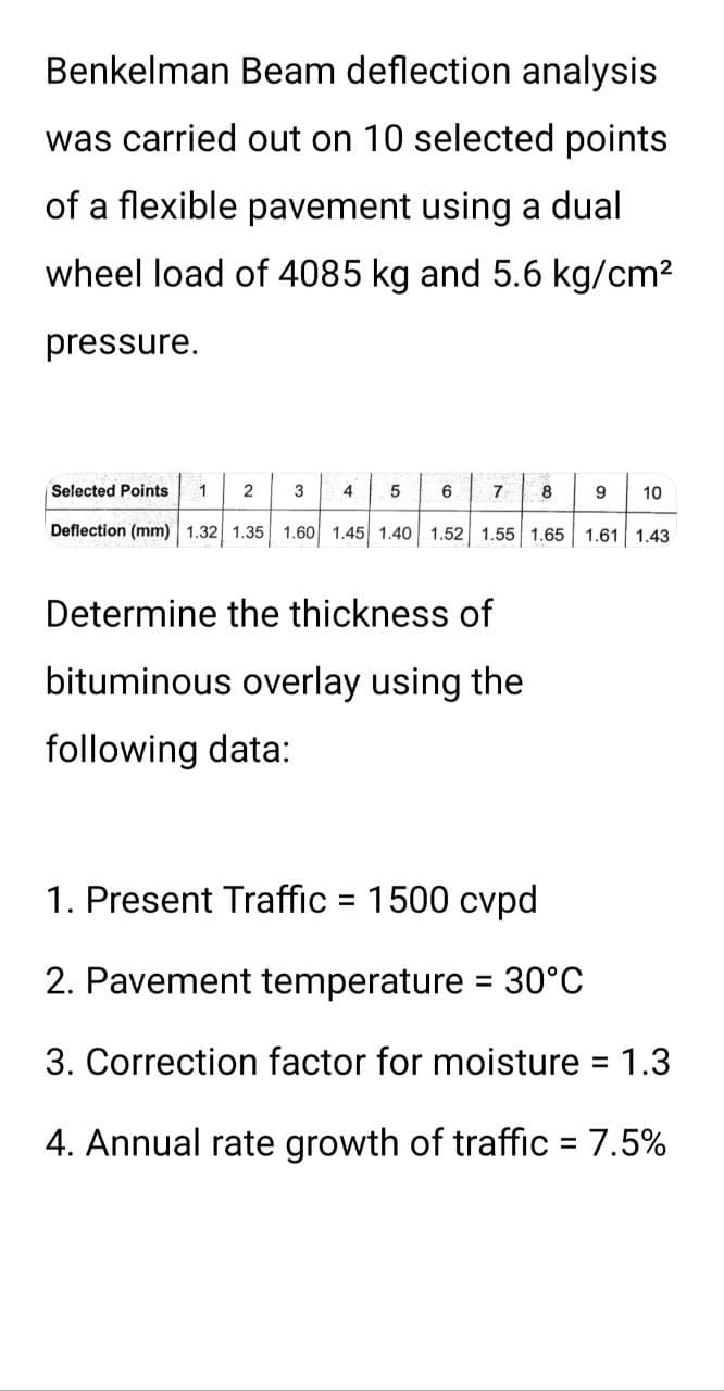 Benkelman Beam deflection analysis
was carried out on 10 selected points
of a flexible pavement using a dual
wheel load of 4085 kg and 5.6 kg/cm²
pressure.
1 2 3
Deflection (mm) 1.32 1.35 1.60 1.45 1.40 1.52 1.55 1.65 1.61 1.43
Selected Points
4 5
6
7 8
Determine the thickness of
bituminous overlay using the
following data:
9
10
1. Present Traffic = 1500 cvpd
2. Pavement temperature = 30°C
3. Correction factor for moisture
1.3
4. Annual rate growth of traffic = 7.5%