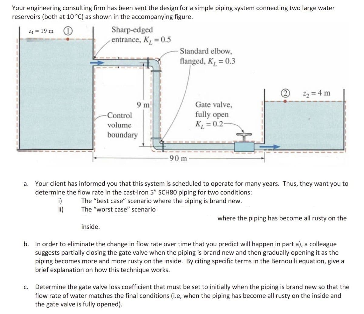 Your engineering consulting firm has been sent the design for a simple piping system connecting two large water
reservoirs (both at 10 °C) as shown in the accompanying figure.
Z₁ = 19 m
i)
ii)
C.
Sharp-edged
entrance, K₁= 0.5
inside.
9 m
-Control
volume
boundary
Standard elbow,
flanged, K₁ = 0.3
90 m
a. Your client has informed you that this system is scheduled to operate for many years. Thus, they want you to
determine the flow rate in the cast-iron 5" SCH80 piping for two conditions:
The "best case" scenario where the piping is brand new.
The "worst case" scenario
Gate valve,
fully open
K₁= 0.2-
Z₂ = 4 m
where the piping has become all rusty on the
b. In order to eliminate the change in flow rate over time that you predict will happen in part a), a colleague
suggests partially closing the gate valve when the piping is brand new and then gradually opening it as the
piping becomes more and more rusty on the inside. By citing specific terms in the Bernoulli equation, give a
brief explanation on how this technique works.
Determine the gate valve loss coefficient that must be set to initially when the piping is brand new so that the
flow rate of water matches the final conditions (i.e, when the piping has become all rusty on the inside and
the gate valve is fully opened).