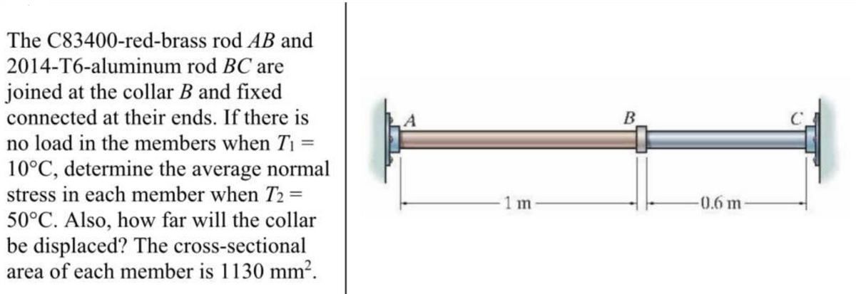 rod AB and
The C83400-red-brass
rod BC are
2014-T6-aluminum
joined at the collar B and fixed
connected at their ends. If there is
no load in the members when T₁ =
10°C, determine the average normal
stress in each member when T₂ =
50°C. Also, how far will the collar
be displaced? The cross-sectional
area of each member is 1130 mm².
1 m-
B
TT
-0.6 m-