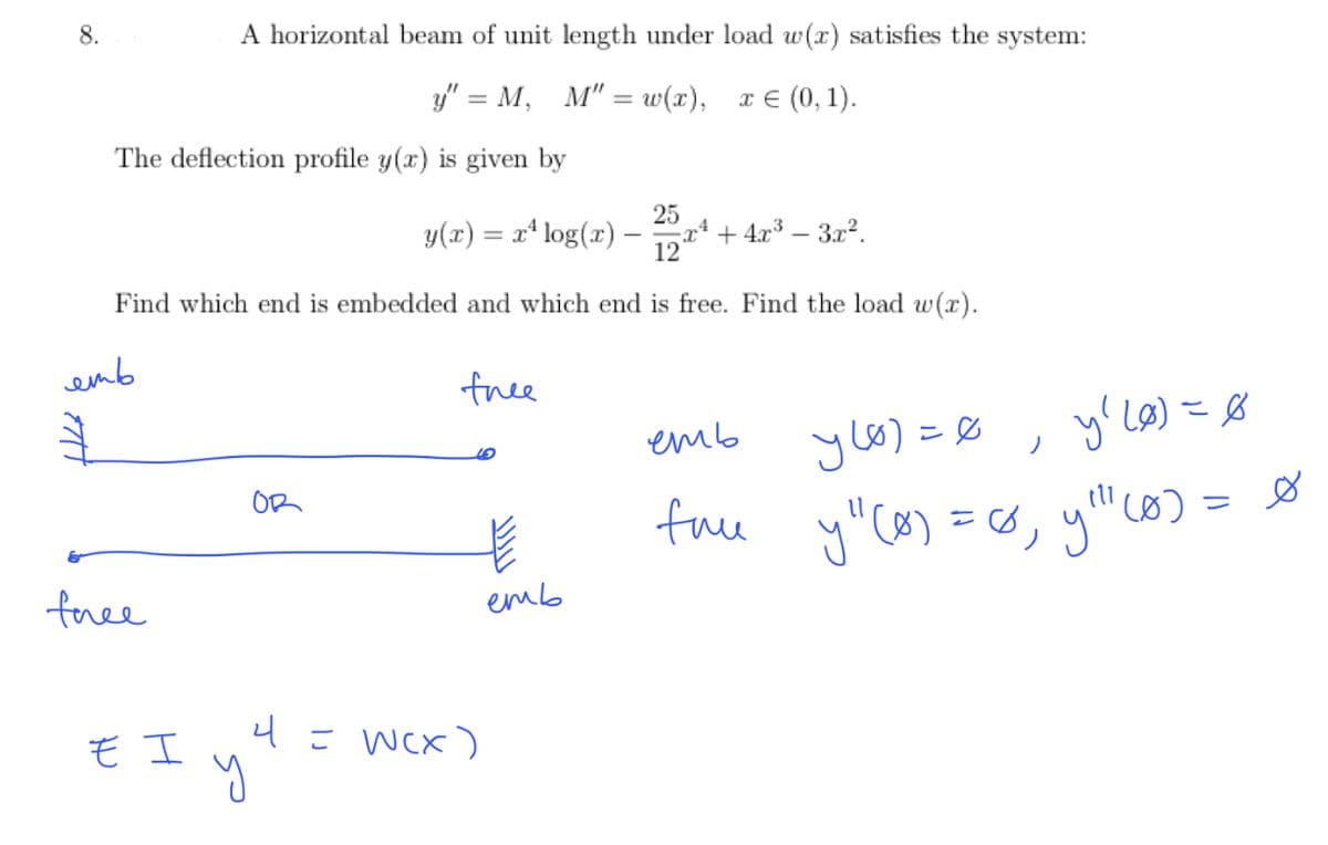 8.
3
The deflection profile y(x) is given by
emb
A horizontal beam of unit length under load w(x) satisfies the system:
y" = M, M" = w(x), x = (0, 1).
free
もエ
12
Find which end is embedded and which end is free. Find the load w(x).
y
y(x) = x¹ log(x) -
OR
free
4 = WCX)
25
еть
x4
+4x³ - 3x².
еть
face
y(0) = 0
y" (0) = 0, y !!! (o
y' (8) = 8
(0)
)
=