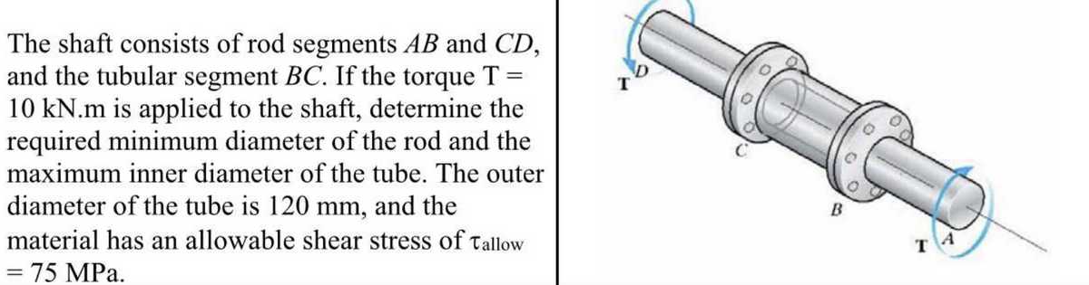 The shaft consists of rod segments AB and CD,
and the tubular segment BC. If the torque T =
10 kN.m is applied to the shaft, determine the
required minimum diameter of the rod and the
maximum inner diameter of the tube. The outer
diameter of the tube is 120 mm, and the
material has an allowable shear stress of Tallow
= 75 MPa.
B
TA