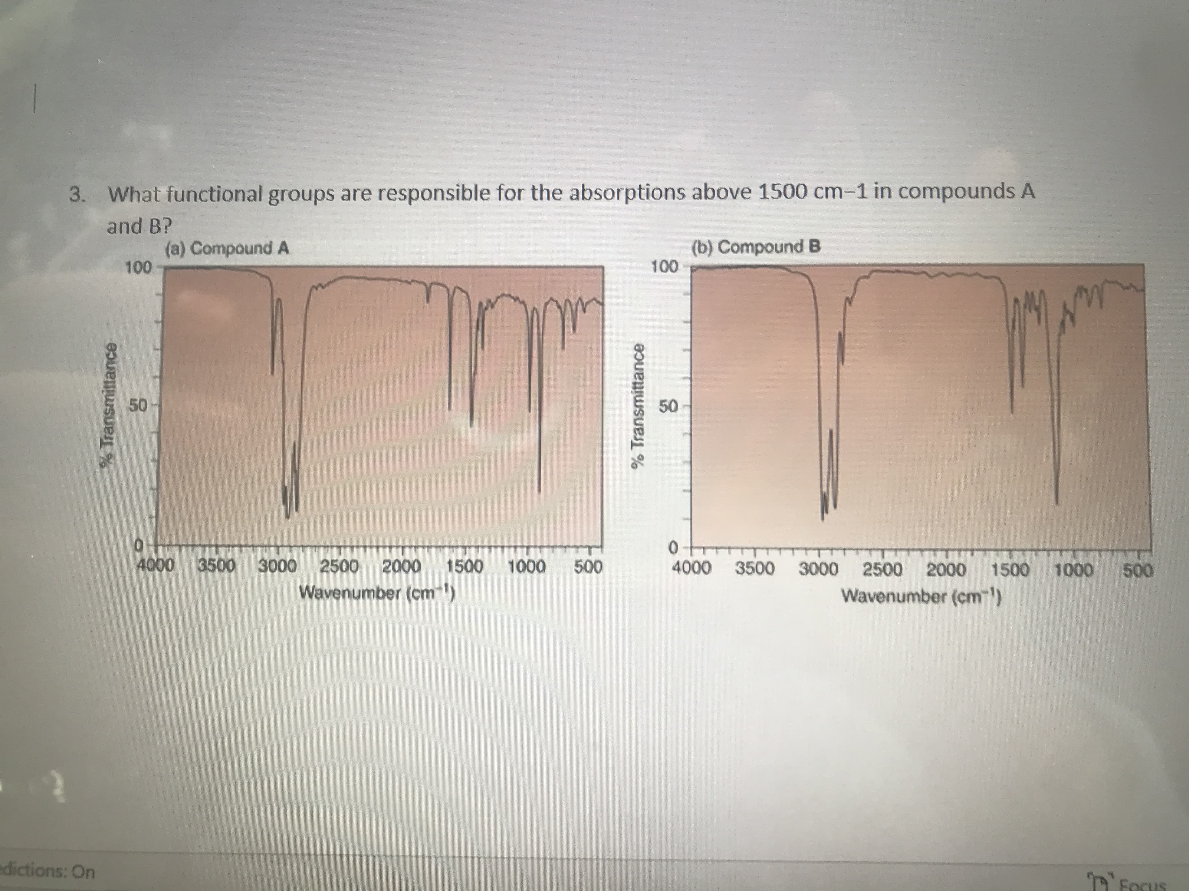 What functional groups are responsible for the absorptions above 1500 cm-1 in compounds A
and B?
(a) Compound A
3.
(b) Compound B
4000 3500 3000 2500
4000 3500 3000 2500 2000
Wavenumber (cm-)
to 0n
2000 1500 1000 500
Wavenumber (cm-)
edictions: On
% Transmittance
50
% Transmittance
