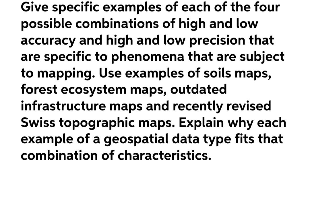 Give specific examples of each of the four
possible combinations of high and low
accuracy and high and low precision that
are specific to phenomena that are subject
to mapping. Use examples of soils maps,
forest ecosystem maps, outdated
infrastructure maps and recently revised
Swiss topographic maps. Explain why each
example of a geospatial data type fits that
combination of characteristics.
