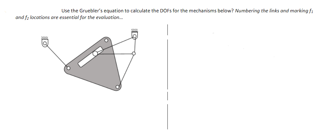 Use the Gruebler's equation to calculate the DOFS for the mechanisms below? Numbering the links and marking f1
and f2 locations are essential for the evaluation...
