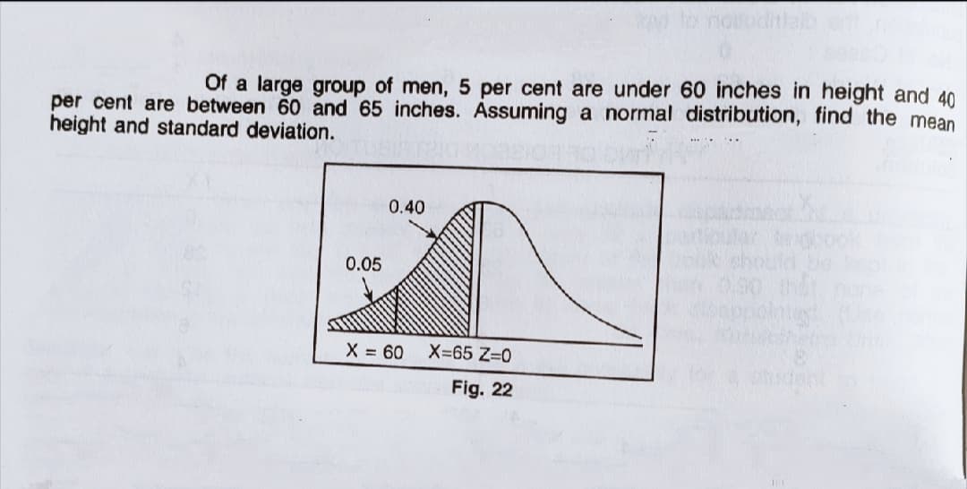 Of a large group of men, 5 per cent are under 60 inches in height and 40
per cent are between 60 and 65 inches. Assuming a normal distribution, find the mean
height and standard deviation.
0.40
0.05
ppoinig
X = 60
X-65 Z=0
Fig. 22
