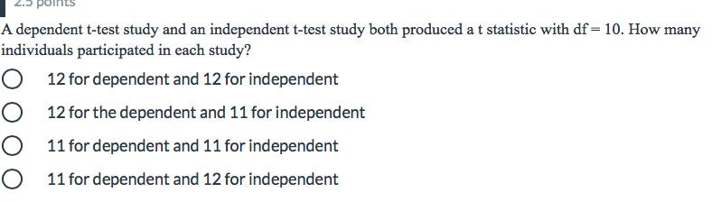 Z.5 points
A dependent t-test study and an independent t-test study both produced a t statistic with df = 10. How many
individuals participated in each study?
12 for dependent and 12 for independent
12 for the dependent and 11 for independent
11 for dependent and 11 for independent
11 for dependent and 12 for independent
