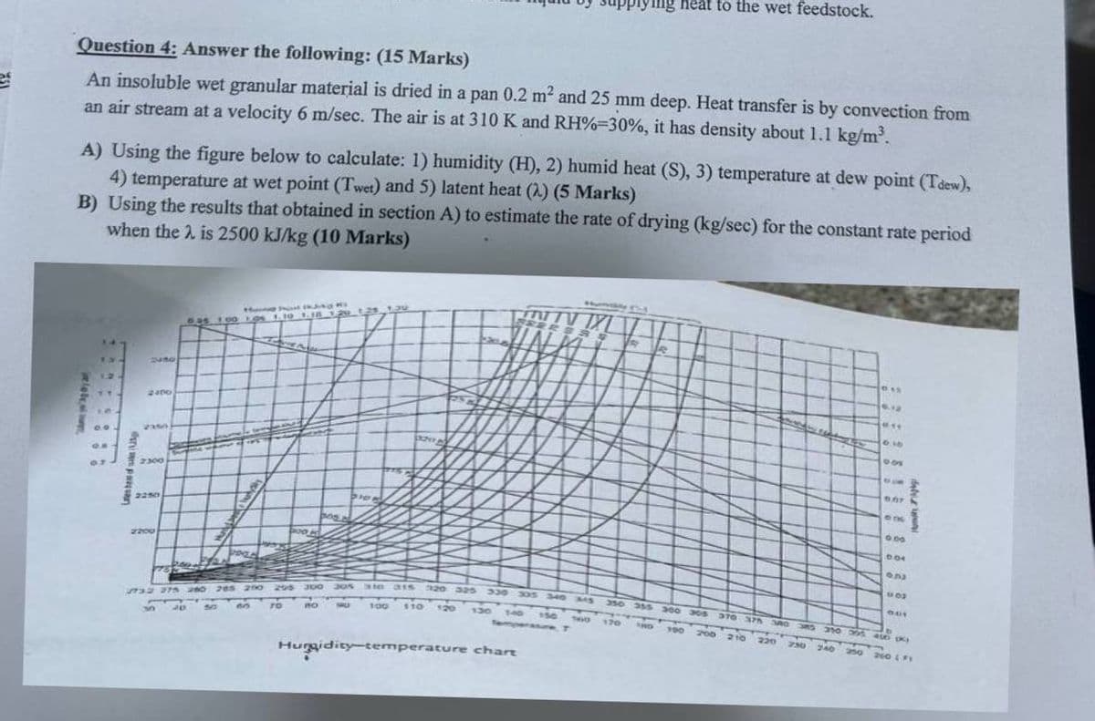 R
Ing heat to the wet feedstock.
Question 4: Answer the following: (15 Marks)
An insoluble wet granular material is dried in a pan 0.2 m² and 25 mm deep. Heat transfer is by convection from
an air stream at a velocity 6 m/sec. The air is at 310 K and RH %-30%, it has density about 1.1 kg/m³.
A) Using the figure below to calculate: 1) humidity (H), 2) humid heat (S), 3) temperature at dew point (Tdew),
4) temperature at wet point (Twet) and 5) latent heat (.) (5 Marks)
B) Using the results that obtained in section A) to estimate the rate of drying (kg/sec) for the constant rate period
when the 2. is 2500 kJ/kg (10 Marks)
Jelebu
en be of sales t
2400
2350
2300
595 100 101.10 1.18 120 121
ITV IXL
715
90
6.07
0.00
0.04
6.110
1802
2732-275 280 285 200
295 300
100
130
140
150 760 170
190
200 210
220 230
240 250 260 F1
Hugidity-temperature chart