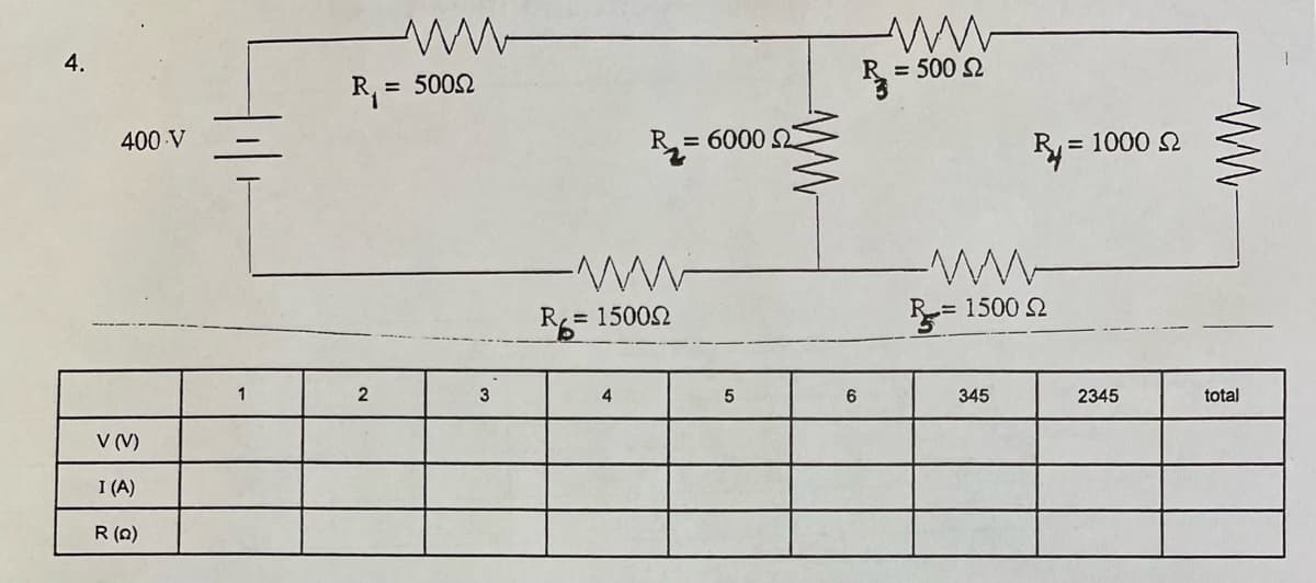 400 V
V (V)
I (A)
R(Q)
R₁ = = 500Ω
2
3
-www
R₂ = 150002
4
= 6000 Ω
ww
5
ww
= 500 Ω
R=
6
ww
= 1500 Ω
345
B=
= 1000 Ω
2345
www.
total