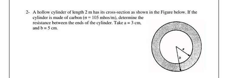 2- A hollow cylinder of length 2 m has its cross-section as shown in the Figure below. If the
cylinder is made of carbon (6 = 105 mhos/m), determine the
resistance between the ends of the cylinder. Take a = 3 cm,
and b = 5 cm.
