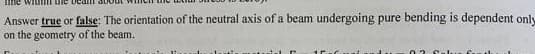 te wit une de
Answer true or false: The orientation of the neutral axis of a beam undergoing pure bending is dependent only
on the geometry of the beam.